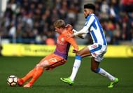 HUDDERSFIELD, ENGLAND - FEBRUARY 18: Kevin De Bruyne of Manchester City (L) is put under pressure from Philip Billing of Huddersfield Town (R) during The Emirates FA Cup Fifth Round match between Huddersfield Town and Manchester City at John Smith's Stadium on February 18, 2017 in Huddersfield, England.  (Photo by Laurence Griffiths/Getty Images)